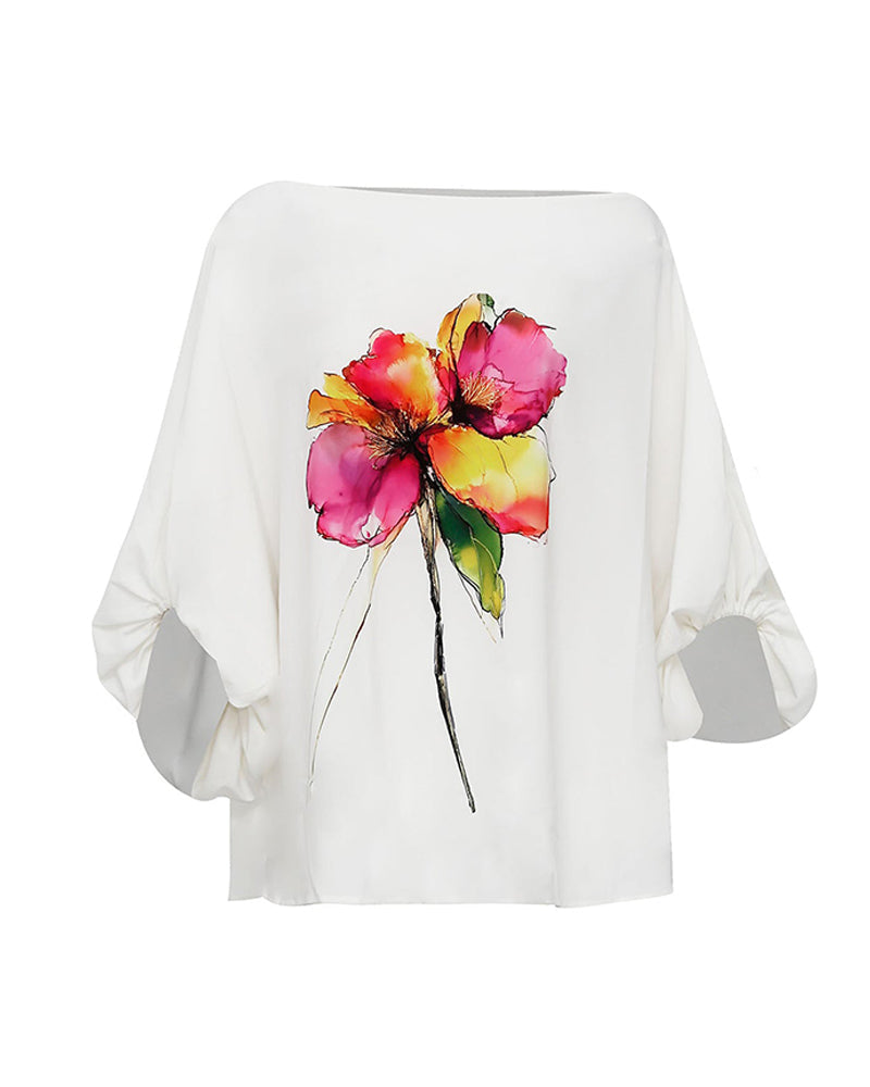 Watercolor Floral Placement Print Skew Neck Lantern Sleeve Blouse Casual Loose Fit Top