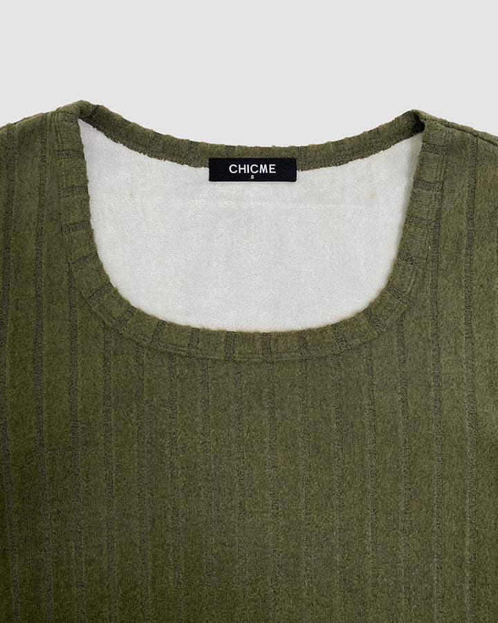 U-Neck Long Sleeve Ribbed Tops Fleece Lined Basic Layering Soft Thermal Tee (No Padding)