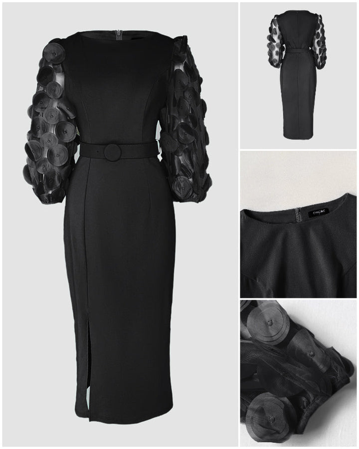 3D Polka Dot Appliques Mesh Lantern Sleeve Zipper Back Slit Work Dress Cinched Waist Slim Fit Mid Length Dress With Belt