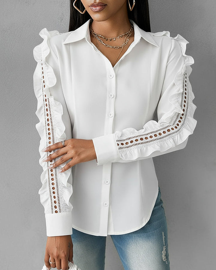 Turn-down Collar Ruffles & Hollow-out Design Long Sleeve Blouse Button Front Asymmetrical Hem Top