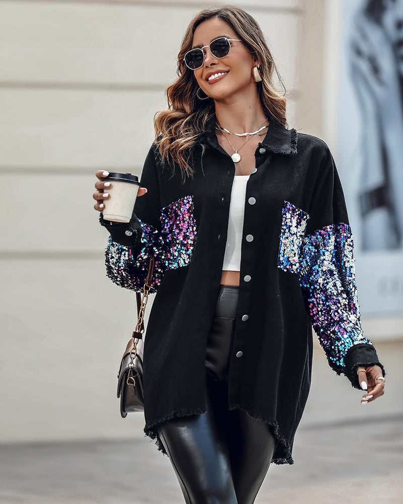 Colorblock Sequin Patchwork Long Sleeve Jacket Top Button Front Raw Hem Shacket