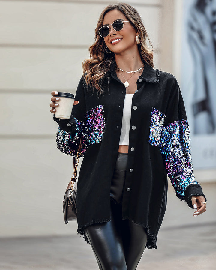 Colorblock Sequin Patchwork Long Sleeve Jacket Top Button Front Raw Hem Shacket