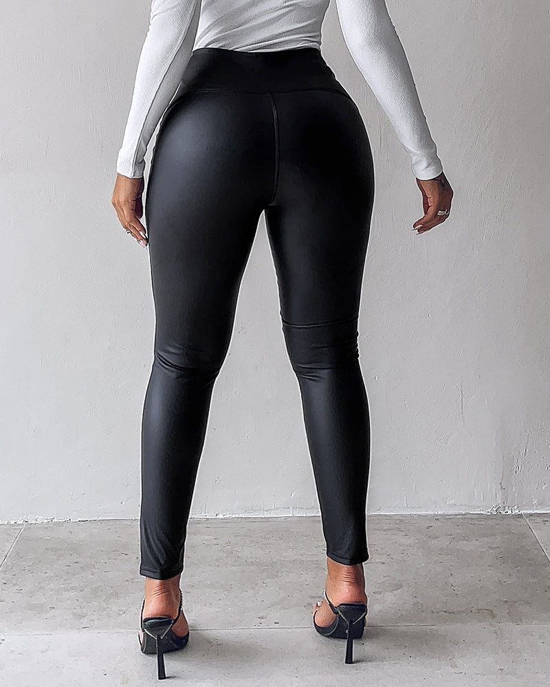 Chicme Curveease Pu Leather Leggings High Waist Curved Fleece Lined Tights Casual Pants
