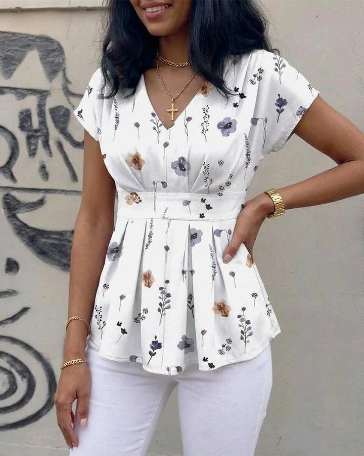 Watercolor Ditsy Floral Print V-Neck Short Sleeve Cinched Waist Blouse Casual Ruched Shoulder Shirred Back Waist Top