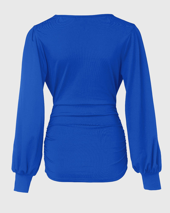 Deep V-Neck Lantern Sleeve Ruched Blouse Casual Slim Fit Top
