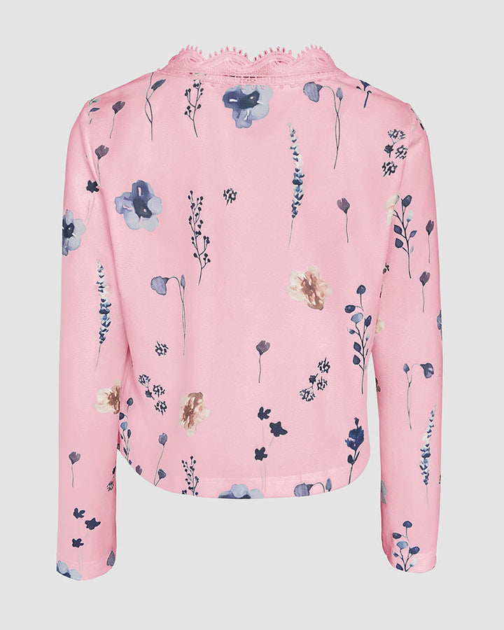 Floral Print Open Front Long Sleeve Casual Contrast Lace Short Cardigan