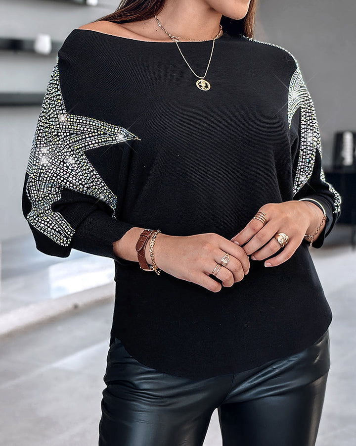 Pullover Knit Sweaters Crewneck Batwing Sleeve Rhinestone Star Pattern Top