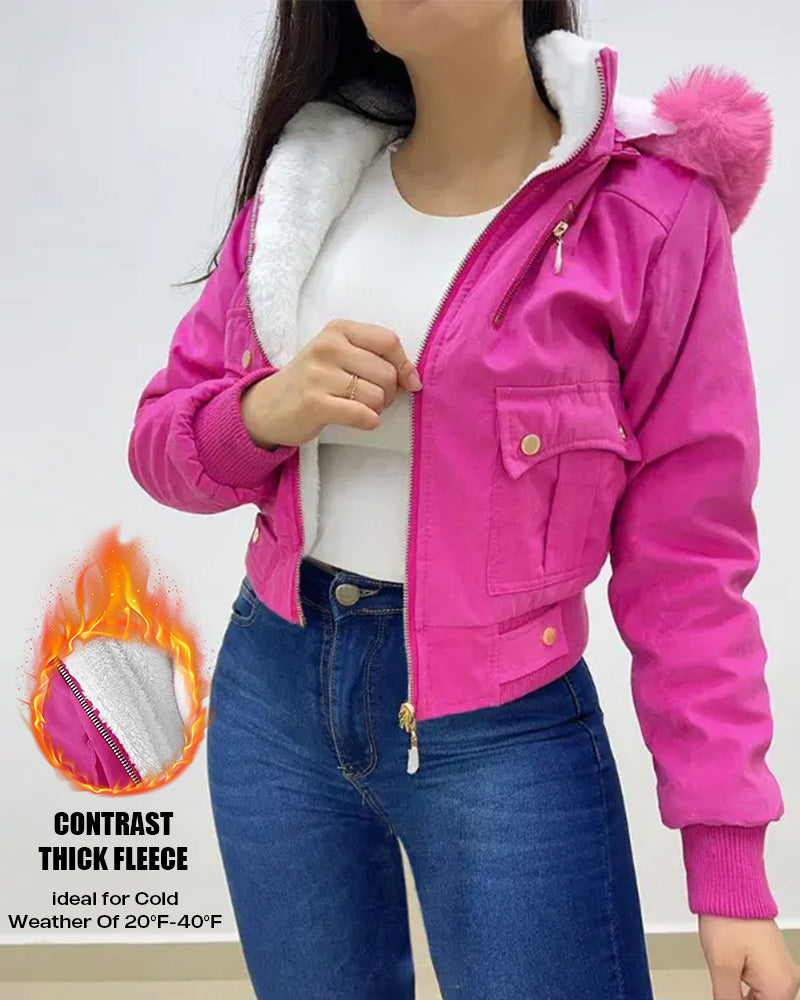 Fuzzy Trim Jacket Hooded Zip Up Fleece Lined Coat Outwear with Pockets