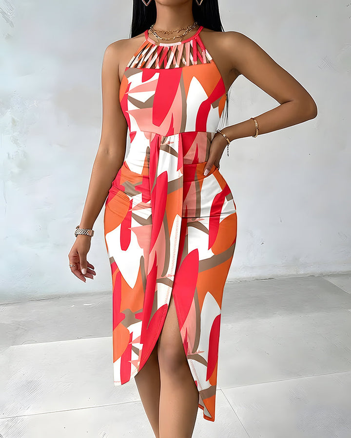 Colorblock All Over Print Halter Tie Hollow-out Criss Cross Spliced Front Ruched Dress Casual Draped Slit Front Vacation Dress