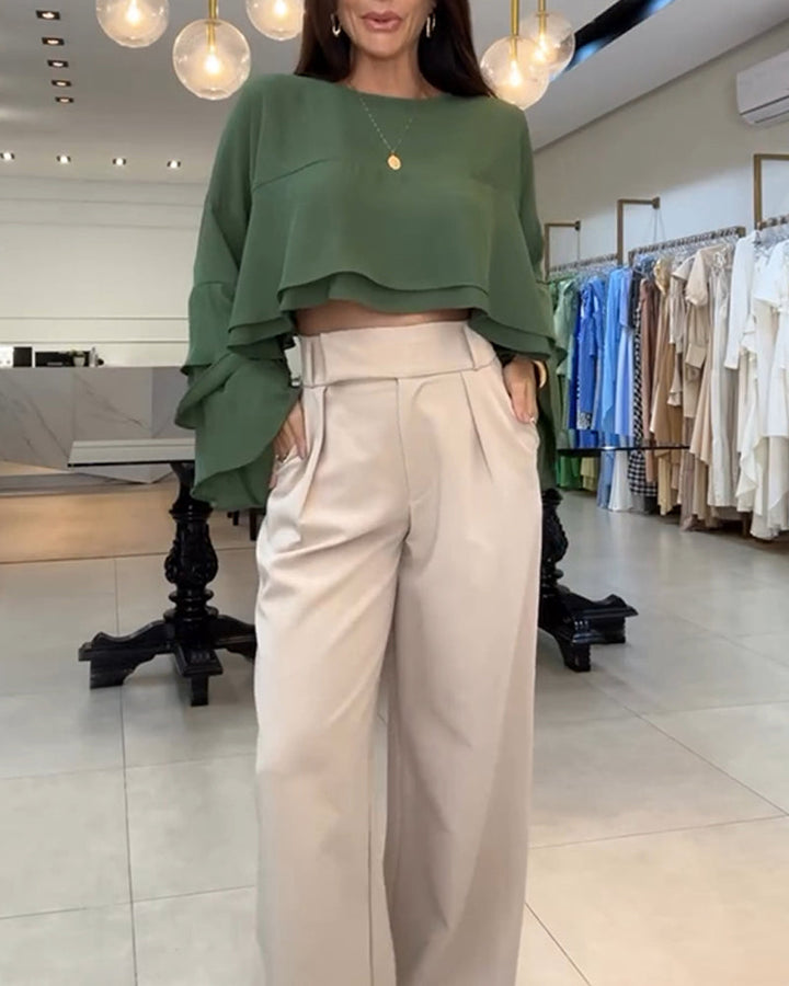 Round Neck Bell Sleeve Crop Top Casual Loose Fit Layered Blouse