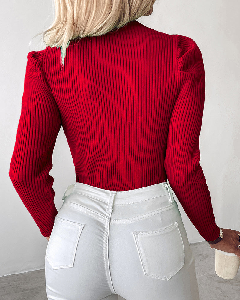 Keyhole Neck Long Sleve Pullover Knit Sweater Multicolor Rhinestone Decor Top