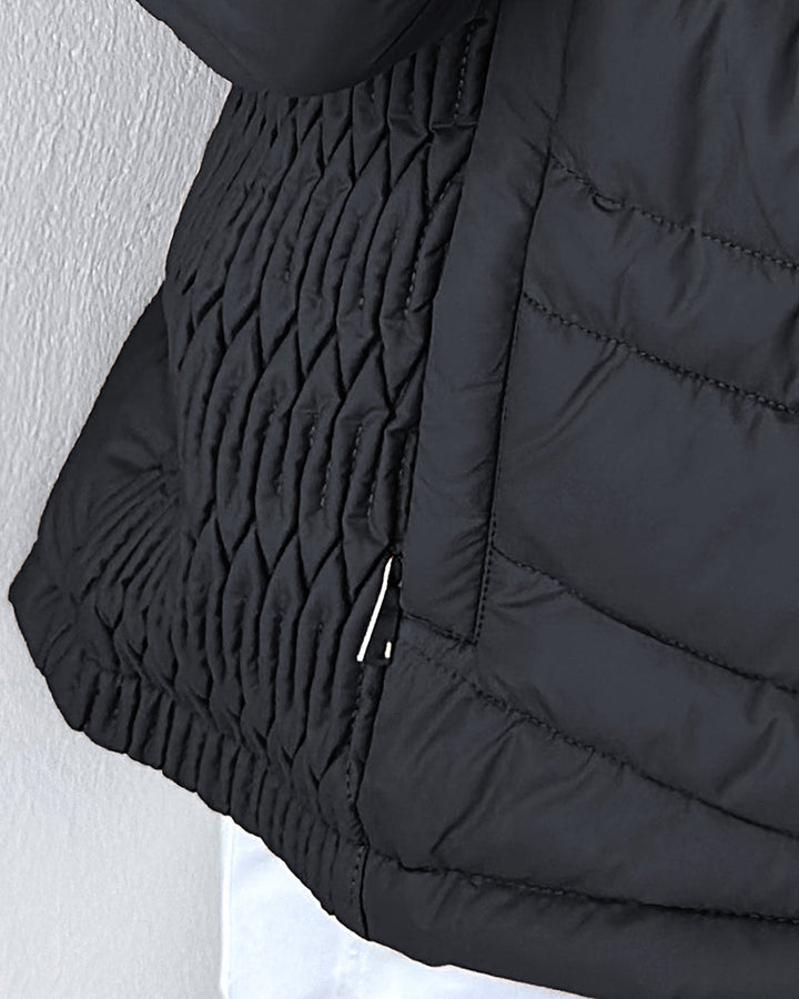 Zipper Pocket Design Shirred Fuzzy Trim Fleece Lined Hooded Puffer Jacket