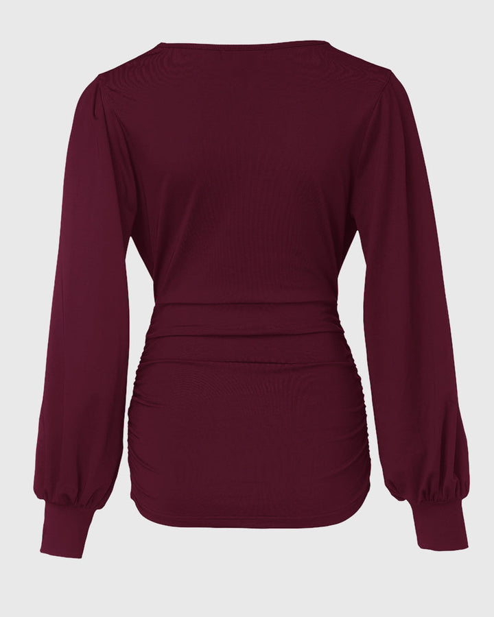 Deep V-Neck Lantern Sleeve Ruched Blouse Casual Slim Fit Top