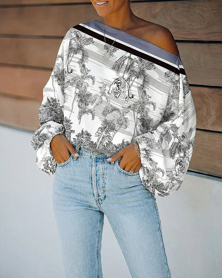 Ink Plants & Animal Placement Print Skew Neck Lantern Sleeve Blouse Casual Contrast Striped Loose Fit Top