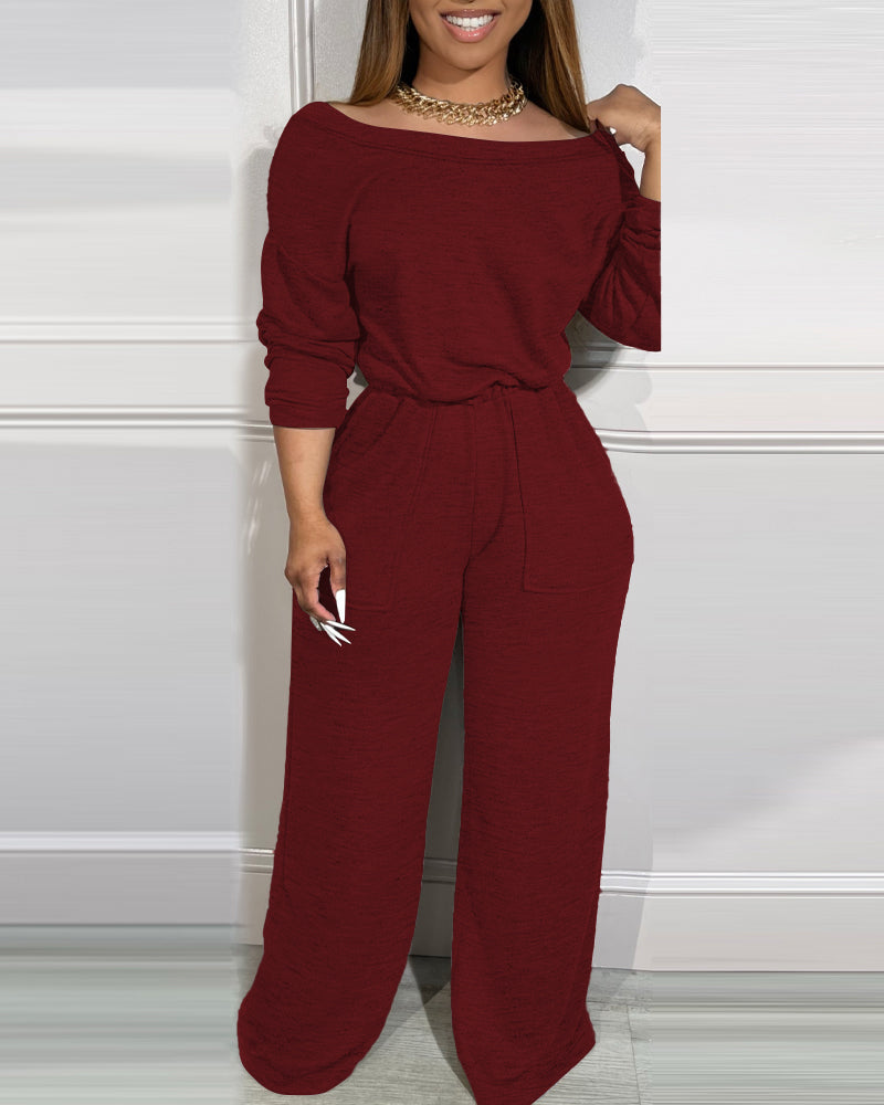 Off Shoulder V Back Elastic Waist Pockets Design Jumpsuit Casual Drop Shoulder Cinched Waist Wide Leg Jumpsuit