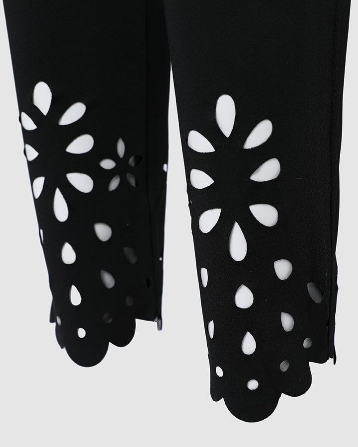 Floral Hollow Out Asymmetrical Hem Elastic Waist Skinny Pants