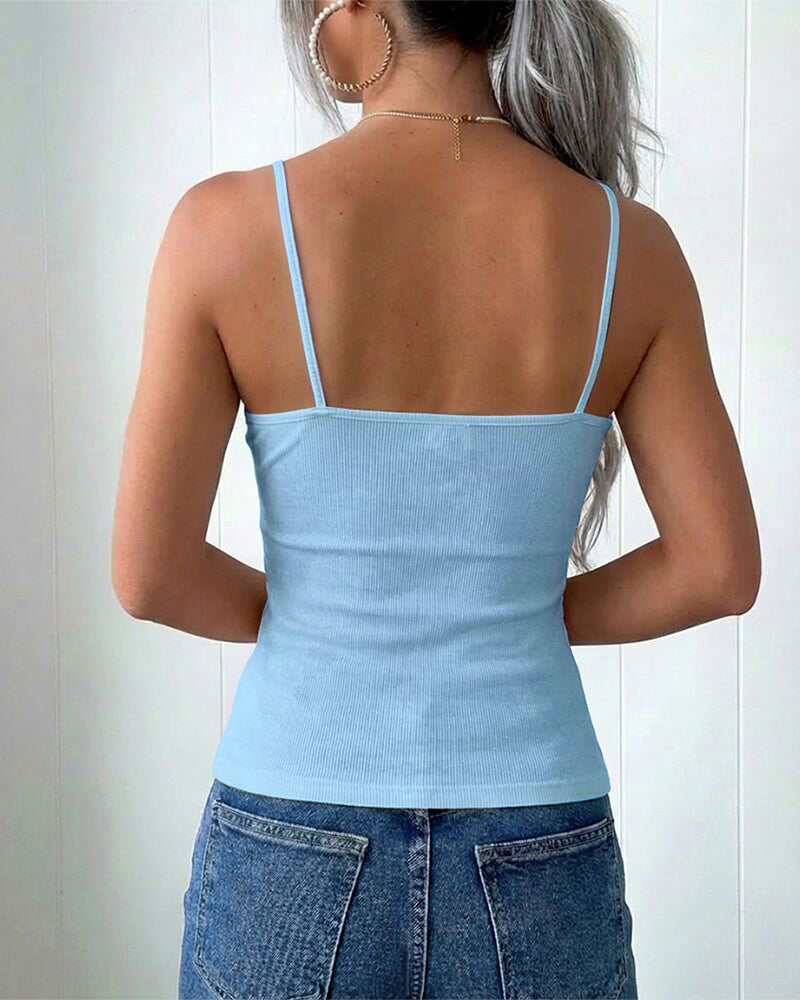 French Style V-Neck Spaghetti Straps Lace Spliced Top Slim Fit Ribbed Cami Top with Built-In Bra