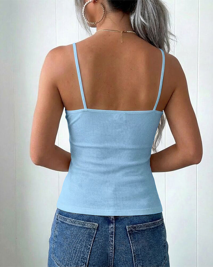 French Style V-Neck Spaghetti Straps Lace Spliced Top Slim Fit Ribbed Cami Top with Built-In Bra