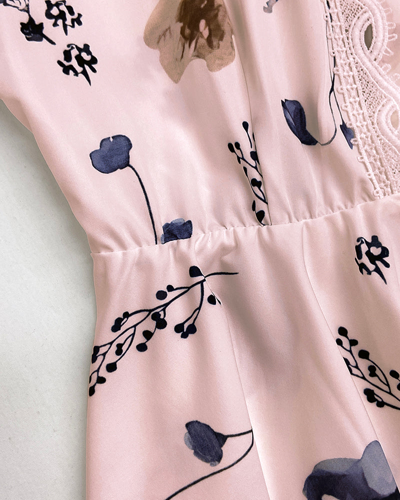 Floral Print Deep V-Neck Lantern Sleeve Casual Contrast Lace Tied Detail Blouse