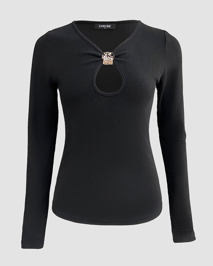 Metal Decor V-Neck Long Sleeve Sexy Hollow-out Slim Fit Top