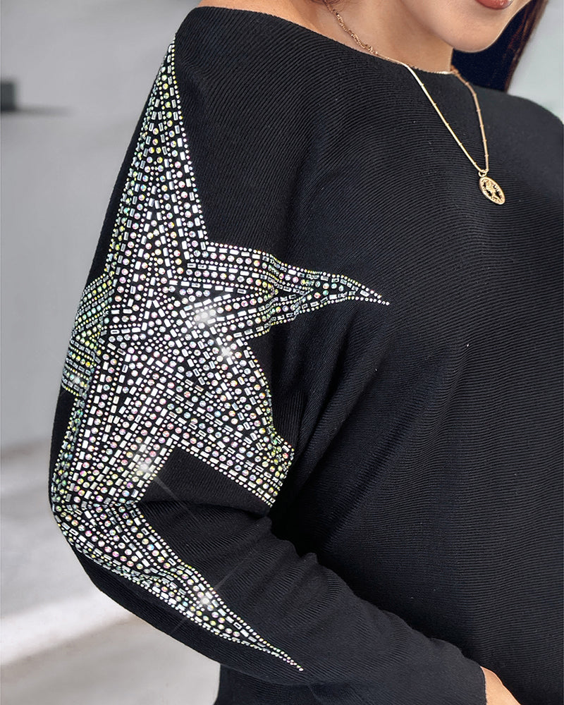 Pullover Knit Sweaters Crewneck Batwing Sleeve Rhinestone Star Pattern Top