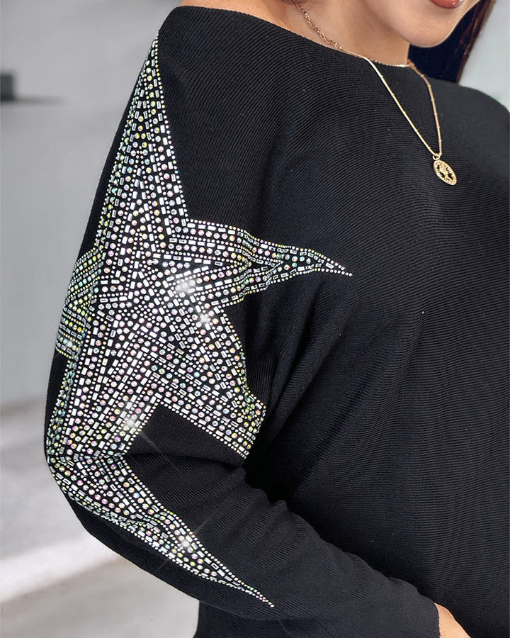 Pullover Knit Sweaters Crewneck Batwing Sleeve Rhinestone Star Pattern Top