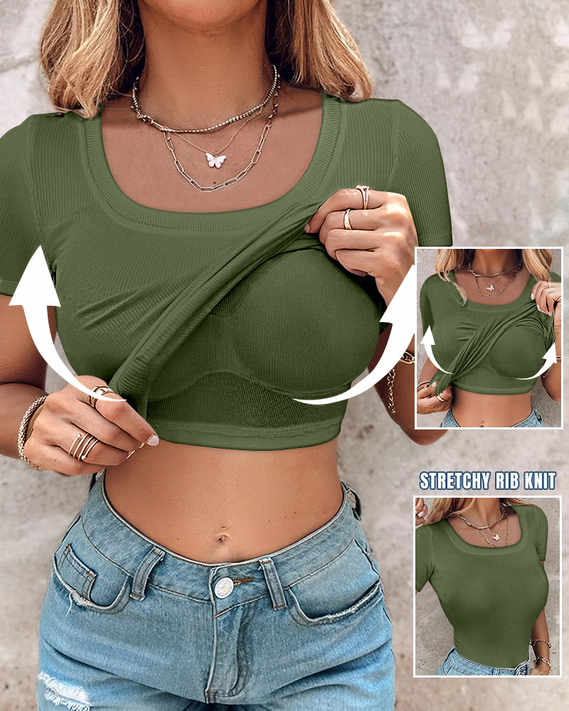 Built-in Bra U-neck Short Sleeve T-shirt Rib-knit Top