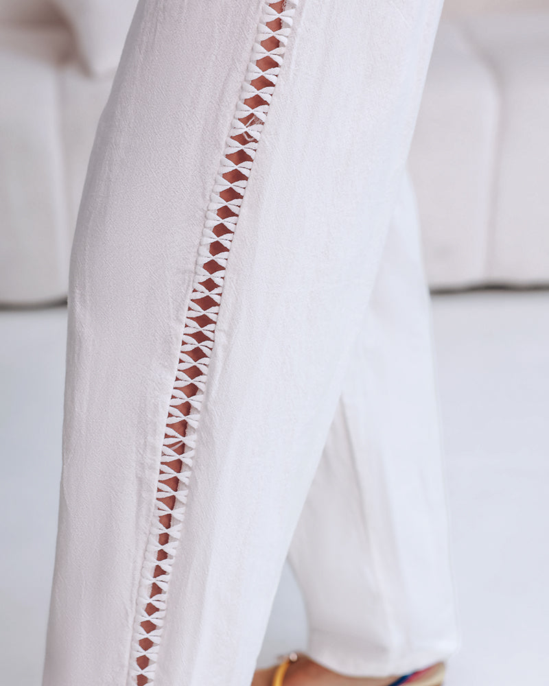 Hollow Out Lace Patch Pocket Design Casual Pants