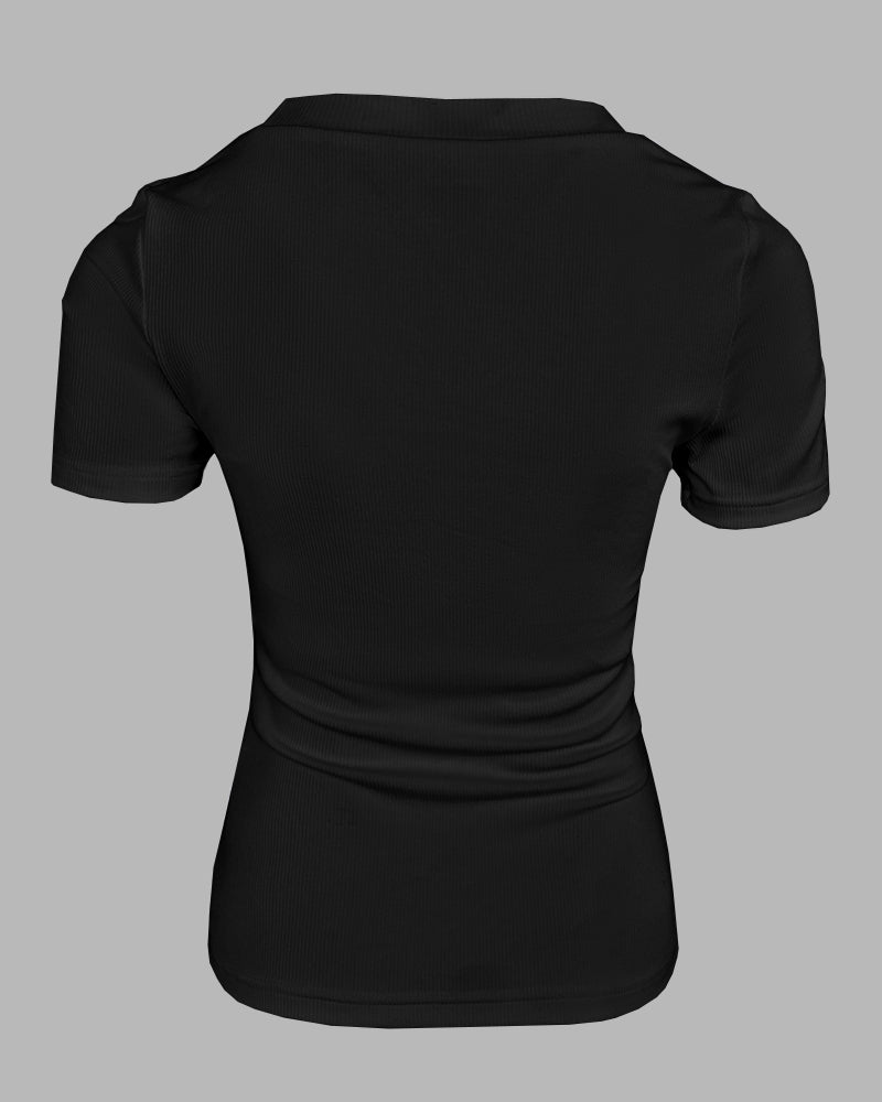 Built-in Bra U-neck Short Sleeve T-shirt Rib-knit Top