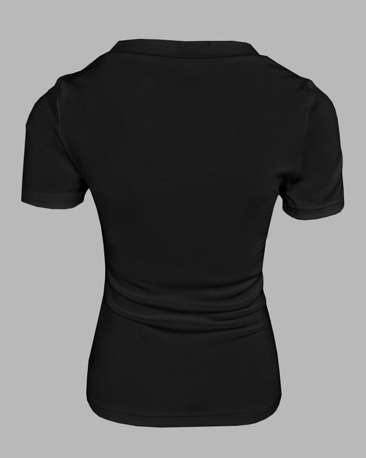Built-in Bra U-neck Short Sleeve T-shirt Rib-knit Top