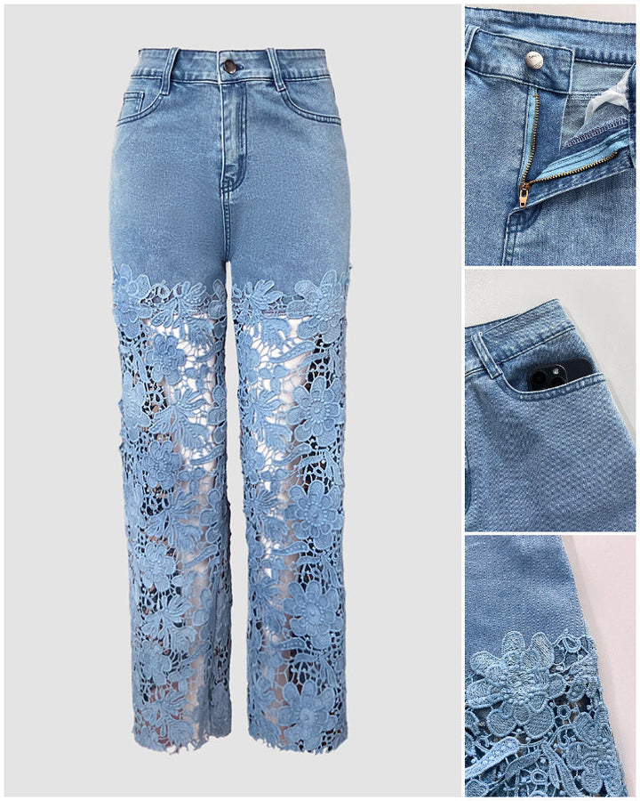 Guipure Lace Spliced High Waist Zipper Fly Wide Leg Washed Jeans