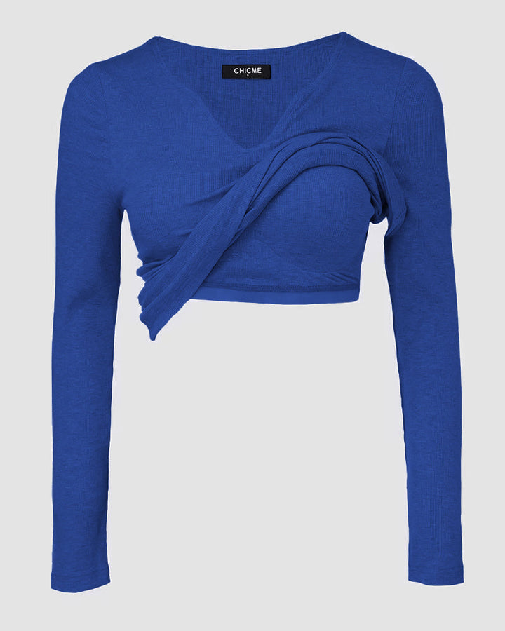 Chicme Built In Bra Notch Neck Long Sleeve Shirts Rib Knit Ruched Waist Top