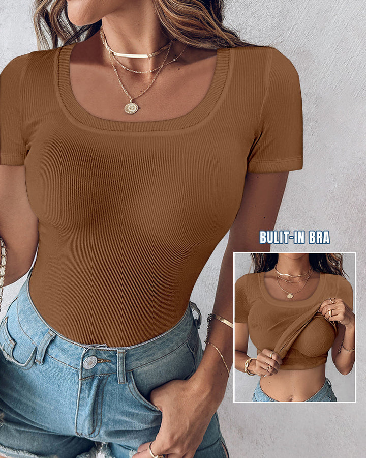 Built-in Bra U-neck Short Sleeve T-shirt Rib-knit Top