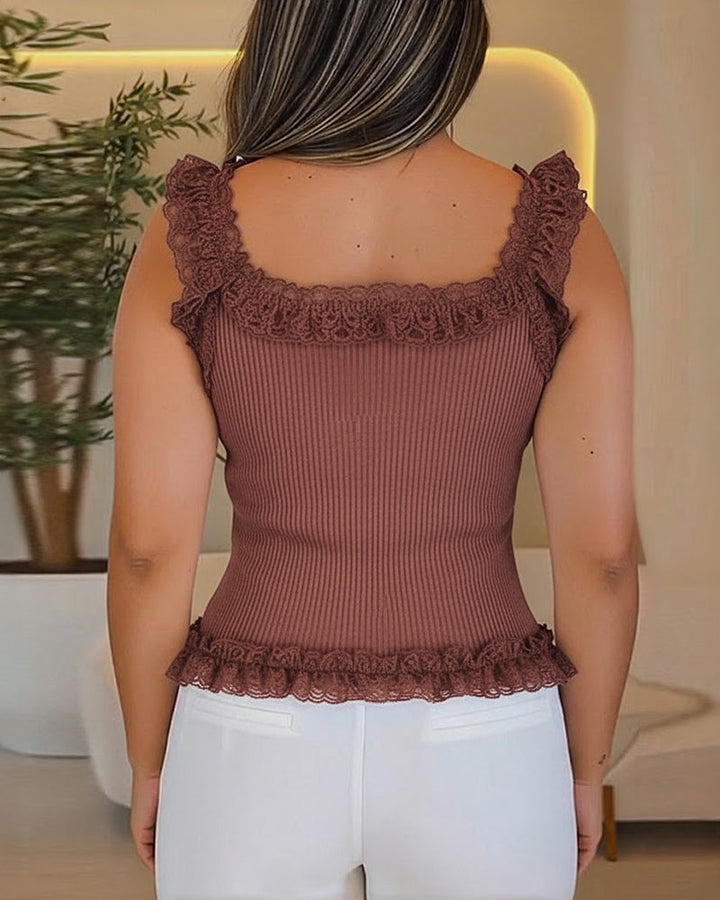 Contrast Lace Sleeveless Square Neck Crop Tank Casual Frill Hem Metal Button Decor Ribbed Knit Top