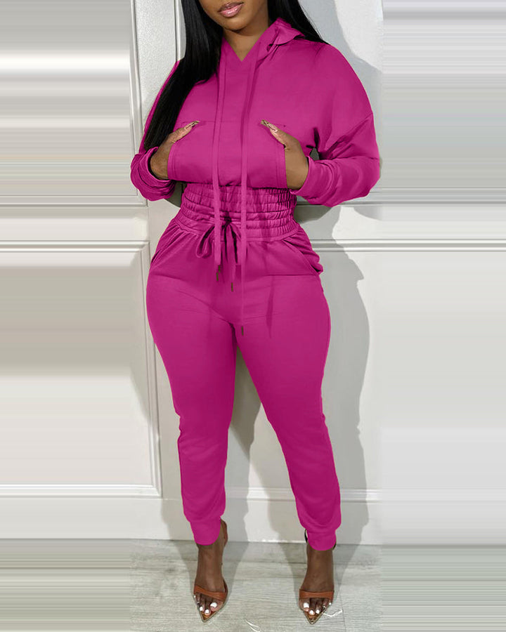2 Pieces Outfit Drop Shoulder Kangaroo Pocket Stretchy Hem Crop Drawstring Hoodie Sweatshirt And Drawstring Elastic Waist Jogger Sweatpants Casual Tracksuit