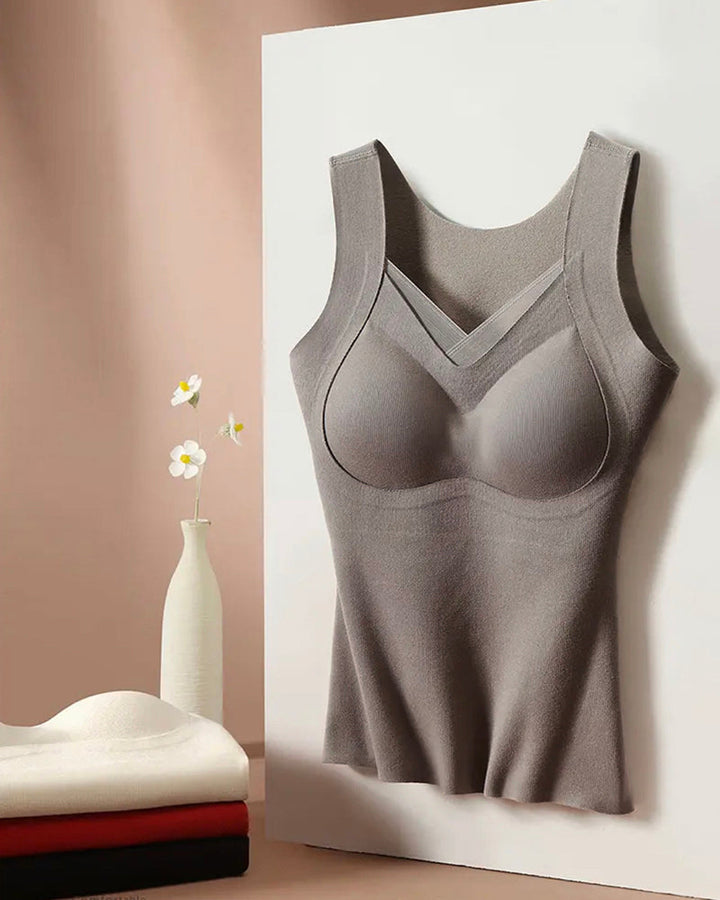 Sheer Mesh Spliced V Neck Sleeveless Built In Bra Tank Casual Warm Fleece Lined Slim Fit Top