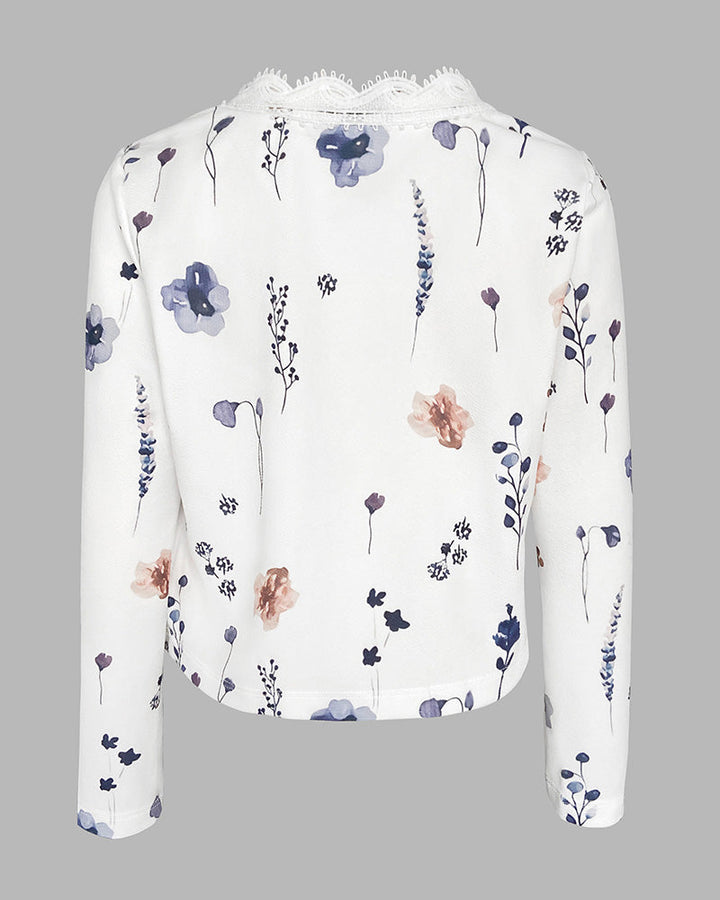 Floral Print Open Front Long Sleeve Casual Contrast Lace Short Cardigan