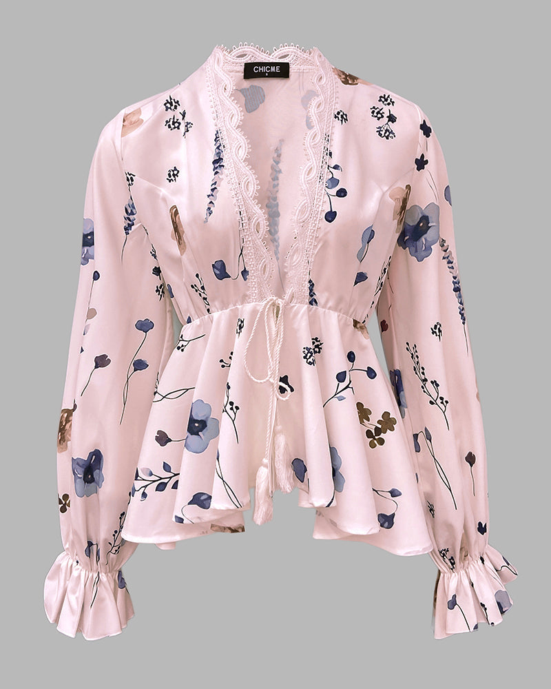 Floral Print Deep V-Neck Lantern Sleeve Casual Contrast Lace Tied Detail Blouse