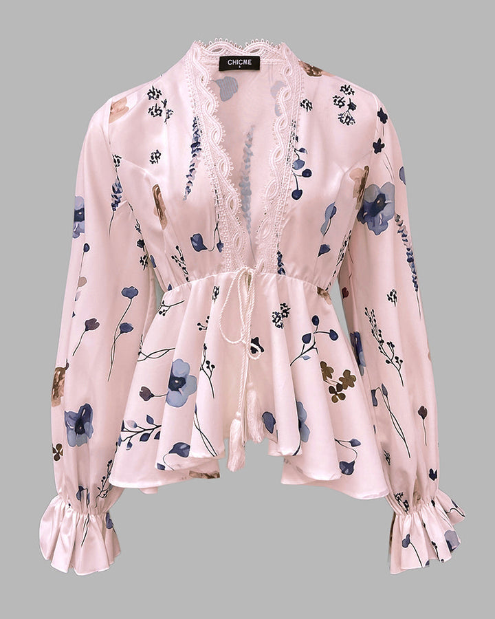 Floral Print Deep V-Neck Lantern Sleeve Casual Contrast Lace Tied Detail Blouse
