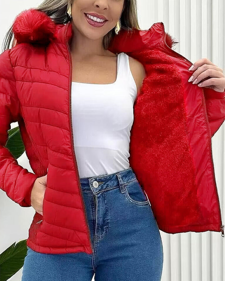 Zipper Pocket Design Shirred Fuzzy Trim Fleece Lined Hooded Puffer Jacket