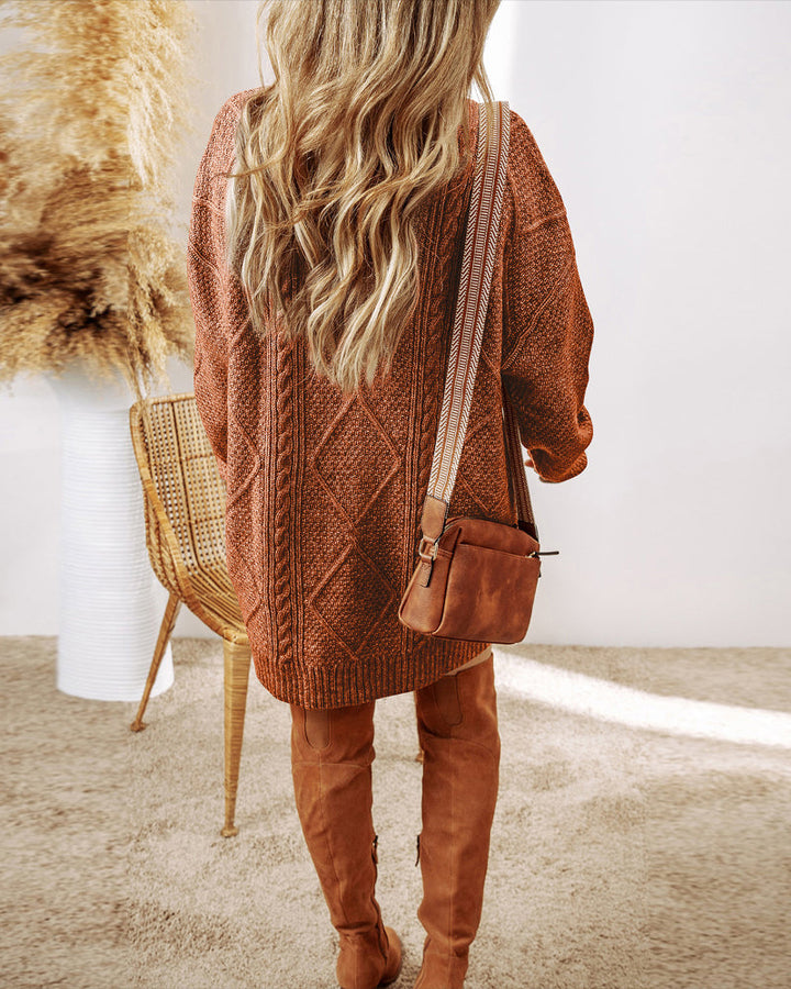 Round Neck Long Sleeve Drop Shoulder Pullover Sweater Casual Loose Fit Cable Knit Mid Length Sweater
