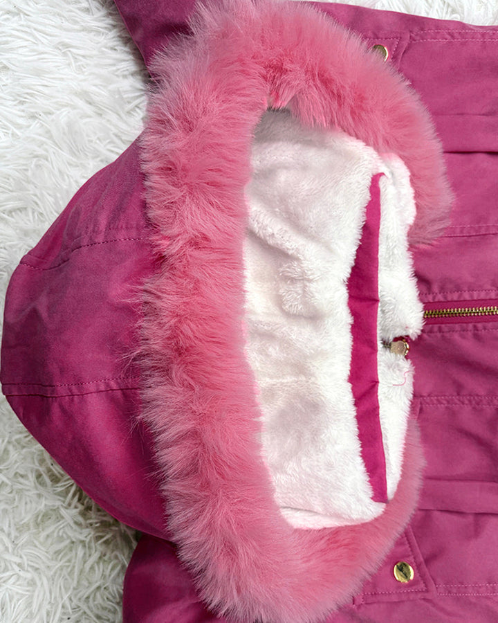 Fuzzy Trim Jacket Hooded Zip Up Fleece Lined Coat Outwear with Pockets