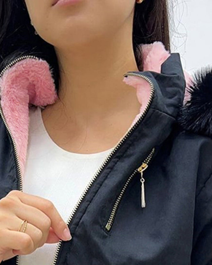 Fuzzy Trim Jacket Hooded Zip Up Fleece Lined Coat Outwear with Pockets