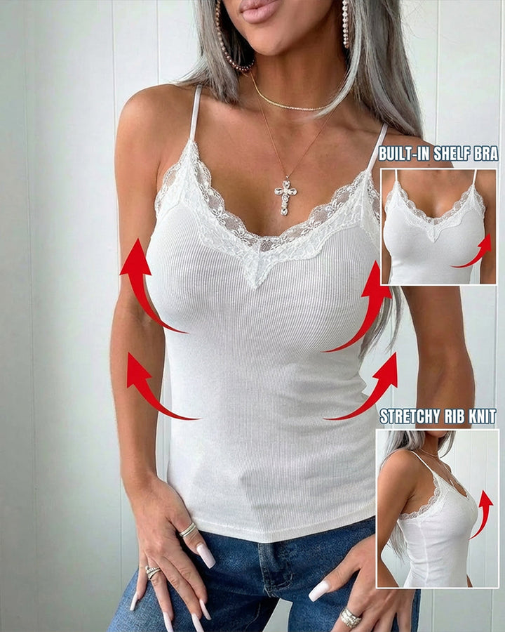 French Style V-Neck Spaghetti Straps Lace Spliced Top Slim Fit Ribbed Cami Top with Built-In Bra