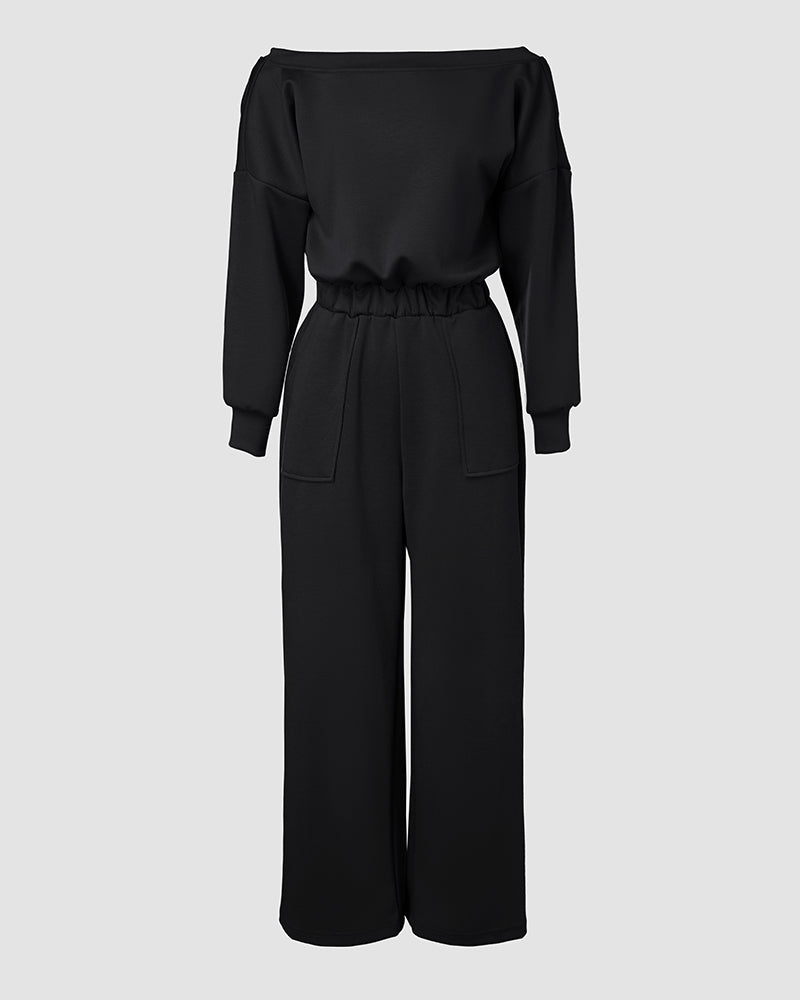 Off Shoulder V Back Elastic Waist Pockets Design Jumpsuit Casual Drop Shoulder Cinched Waist Wide Leg Jumpsuit