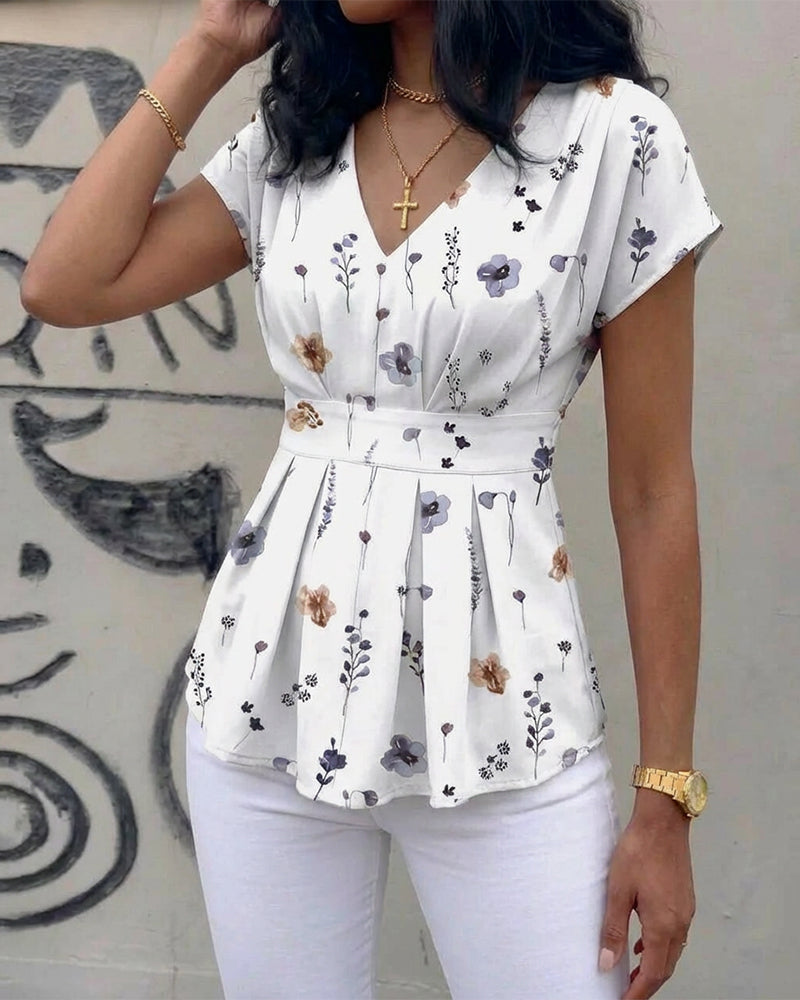 Watercolor Ditsy Floral Print V-Neck Short Sleeve Cinched Waist Blouse Casual Ruched Shoulder Shirred Back Waist Top