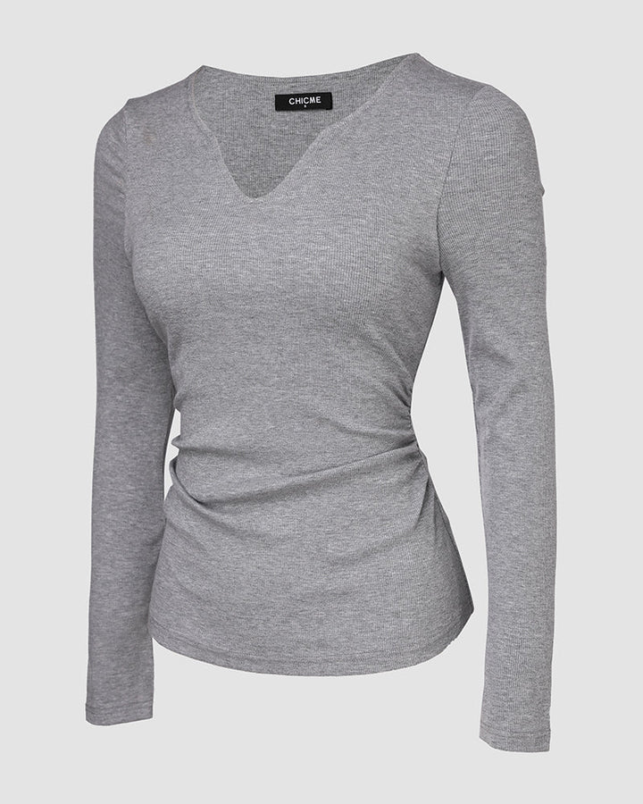 Chicme Built In Bra Notch Neck Long Sleeve Shirts Rib Knit Ruched Waist Top