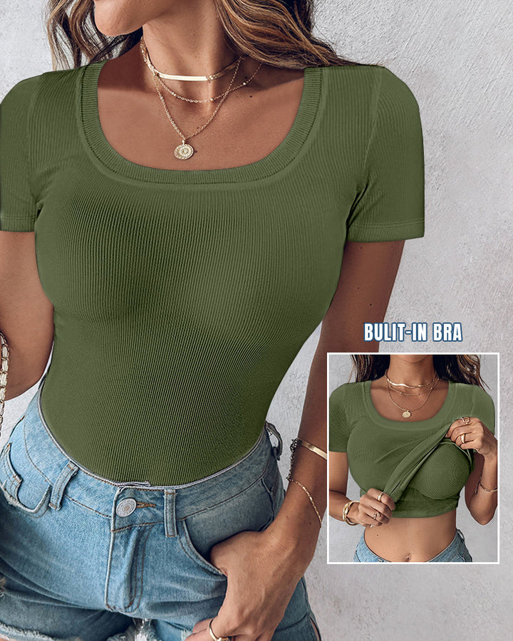 Built-in Bra U-neck Short Sleeve T-shirt Rib-knit Top
