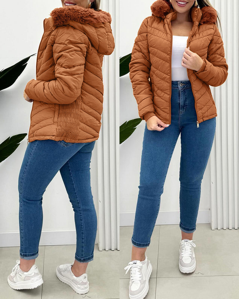 Zipper Pocket Design Shirred Fuzzy Trim Fleece Lined Hooded Puffer Jacket