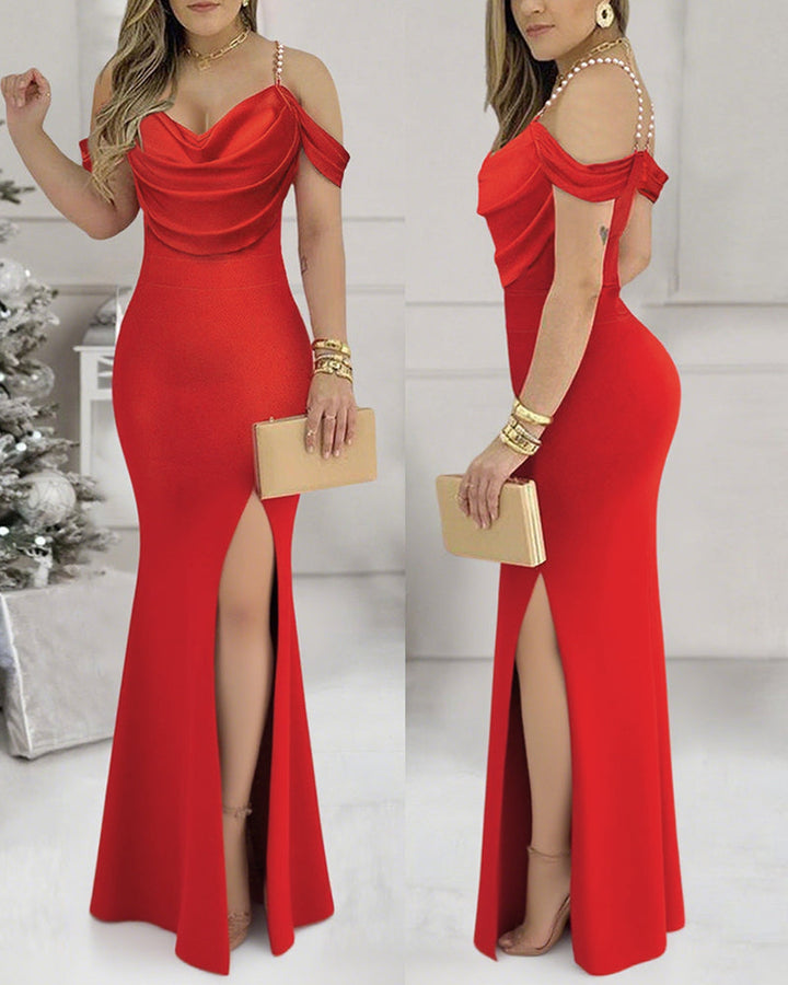 Cold Shoulder Pearls Strap Cowl Neck Evening Bodycon Dress Elegant High Slit Fishtail Maxi Dress